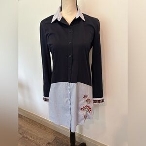 Desigual Blue Long Striped Floral Tunic S  EUC embroidery